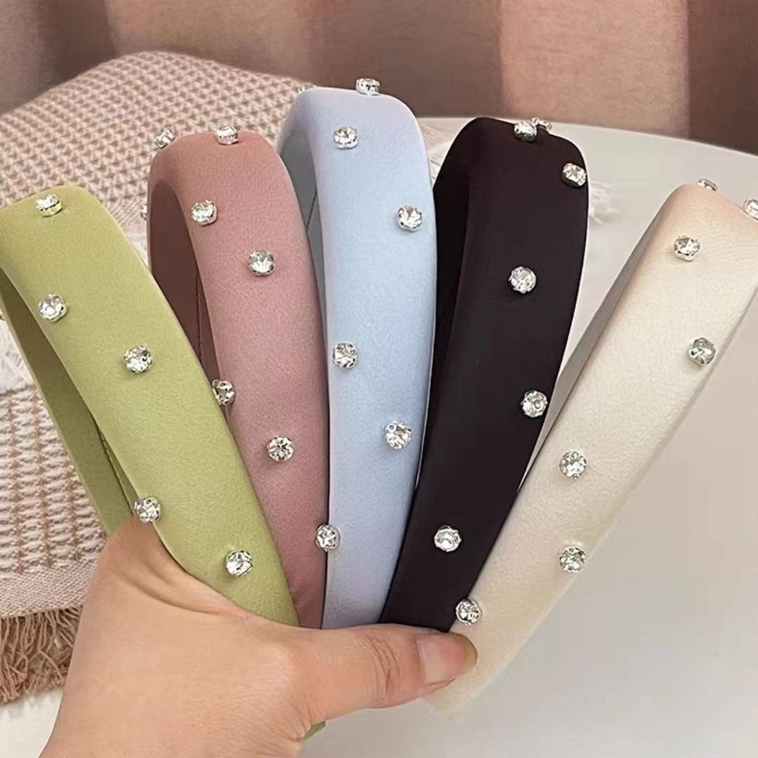 New ins silk satin surface rhinestone pressure headband from Japan and South Korea, high top of the head sponge moisture-making face slimming summer headband hair accessory pic 1
