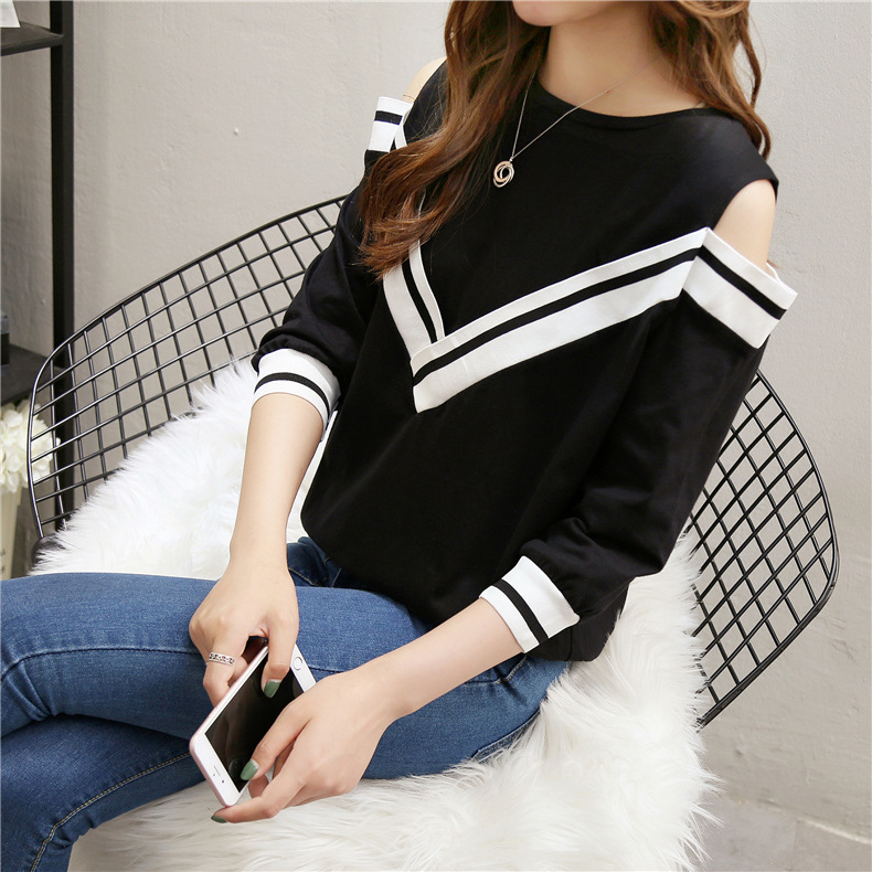 Spring and Autumn new versatile T-shirt for women, 7-inch sleeved off-the-shoulder long-sleeved sexy half-sleeved top pic 17