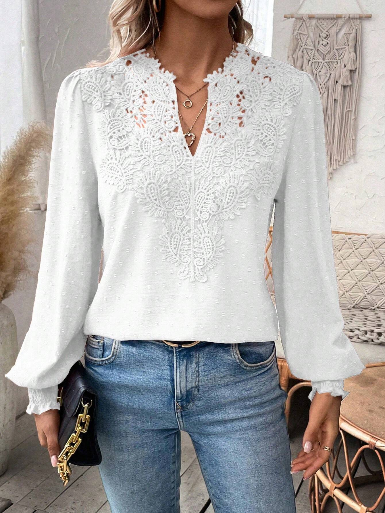 The new autumn and winter fashion V-neck lace solid color long-sleeved casual T-shirt for women on Amazon Cross-border in Europe and America in 2024 pic 14