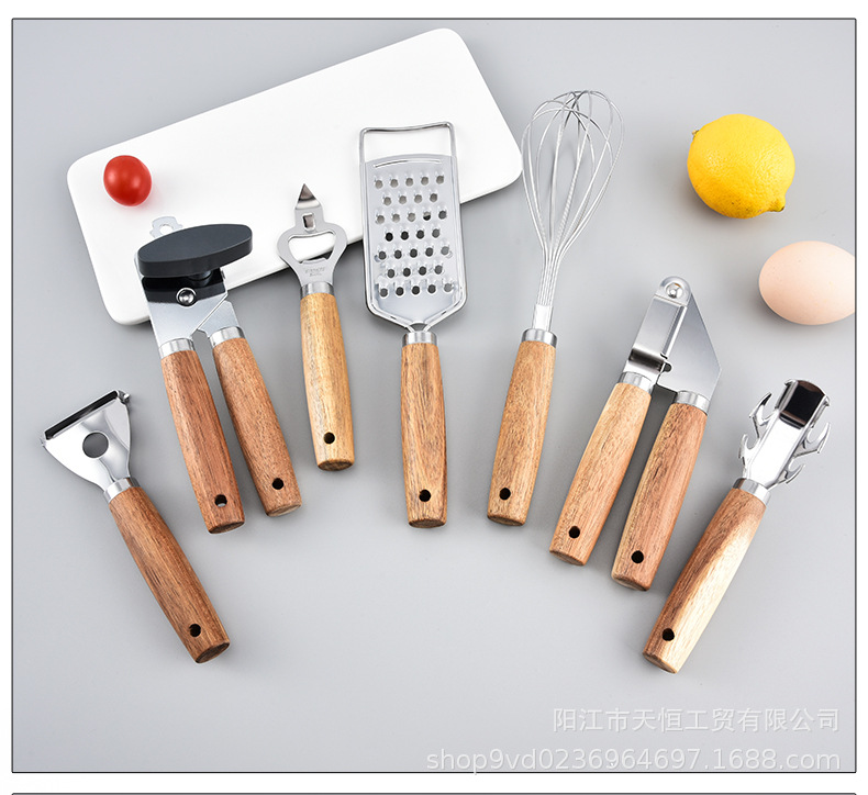 Household kitchen gadgets with acacia wood handles, stainless steel egg beater, ice cream spoon, pizza knife, cross-border set pic 8