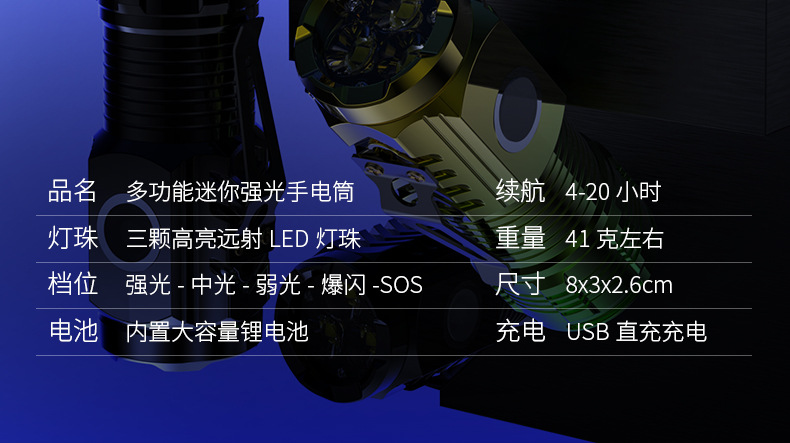 New cross-border flashlight with strong light, super bright mini flash, three-eye little monster abs flashlight, waterproof cap clip light pic 16