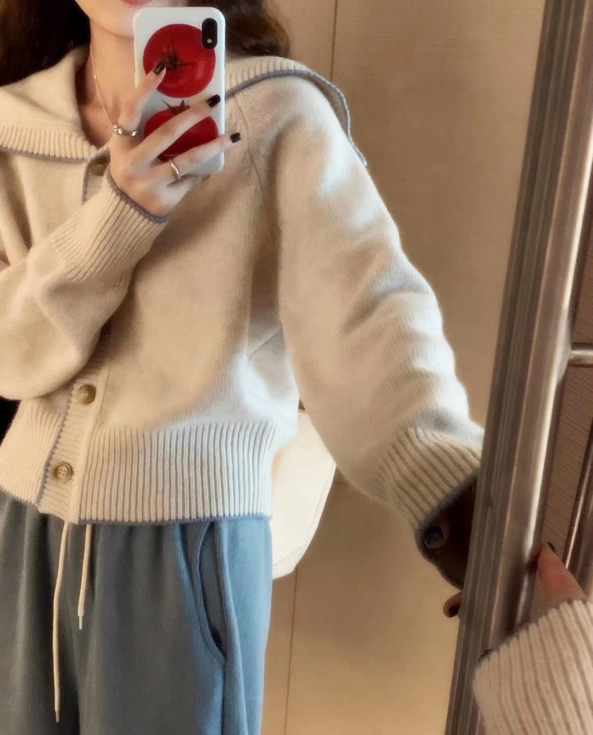 High-end navy neck knitted wool cardigan for women, loose, laid-back and slimming thick sweater coat for autumn and winter pic 5