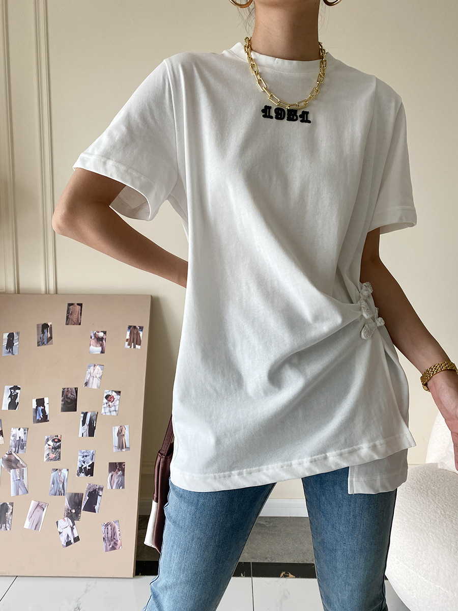 Sinan guoji plato hebilla bifón caída hombro manga camiseta mujer moda cool sentido de diseño verano 2022 nuevo SN1425 pic 48
