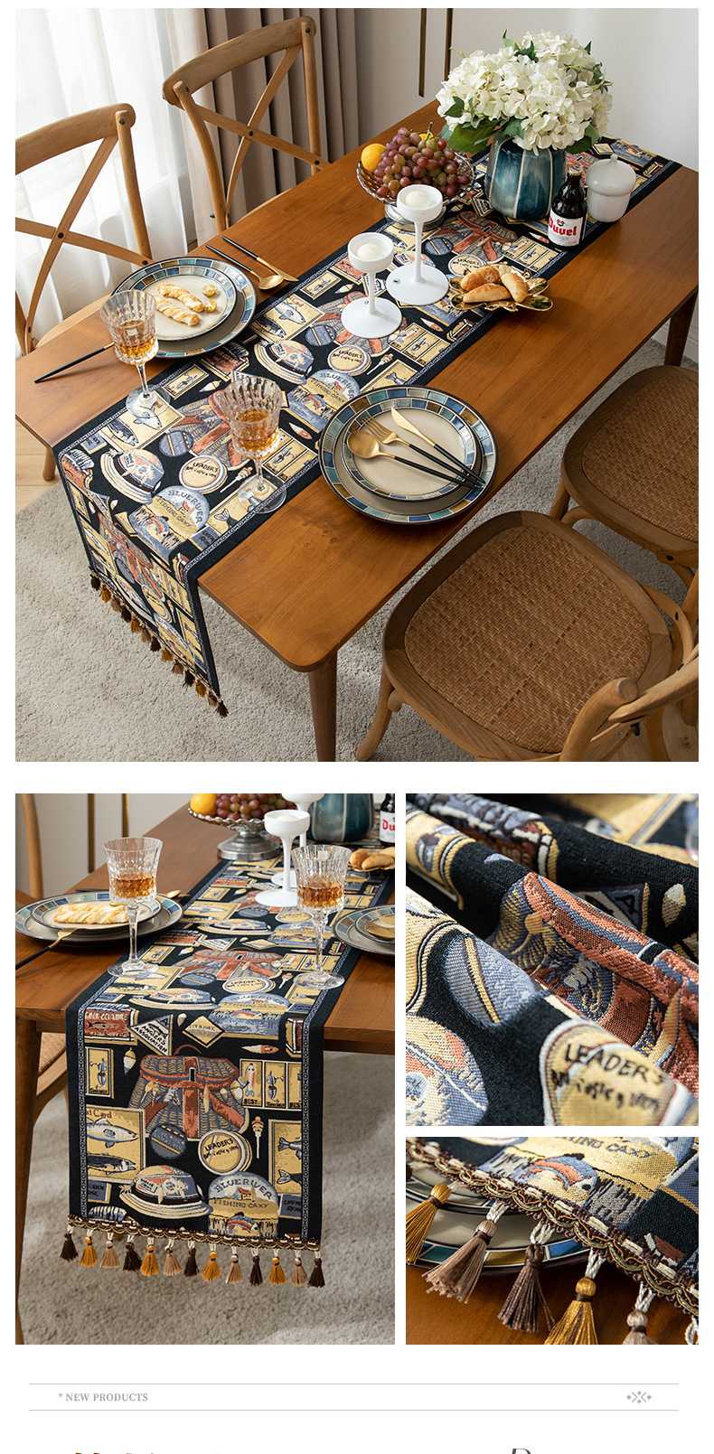 Cool Happiness American retro style, fashionable, simple, elegant and high-end, long tablecloth, colored jacquard, high-end, tassel, home coffee table, tea flag, high-end chest of drawers, table flag pic 24