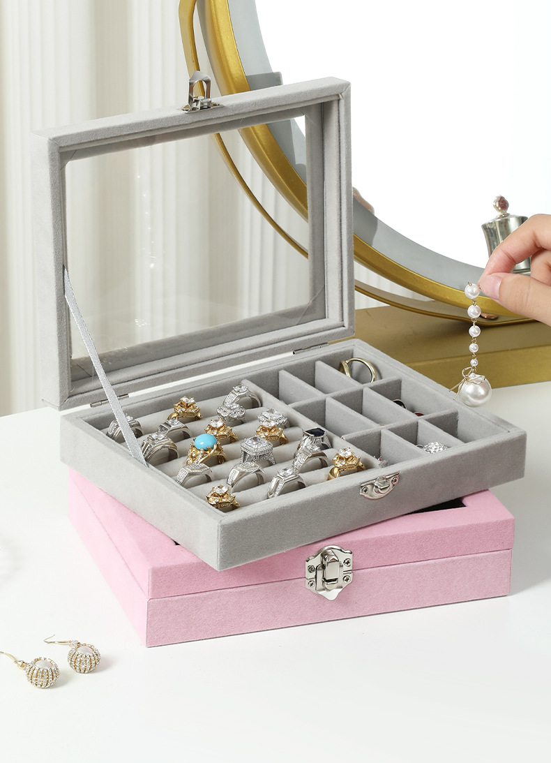 Exquisite grey jewelry storage box, velvet jewelry box, home jewelry, watch, earrings and ring packaging box pic 13