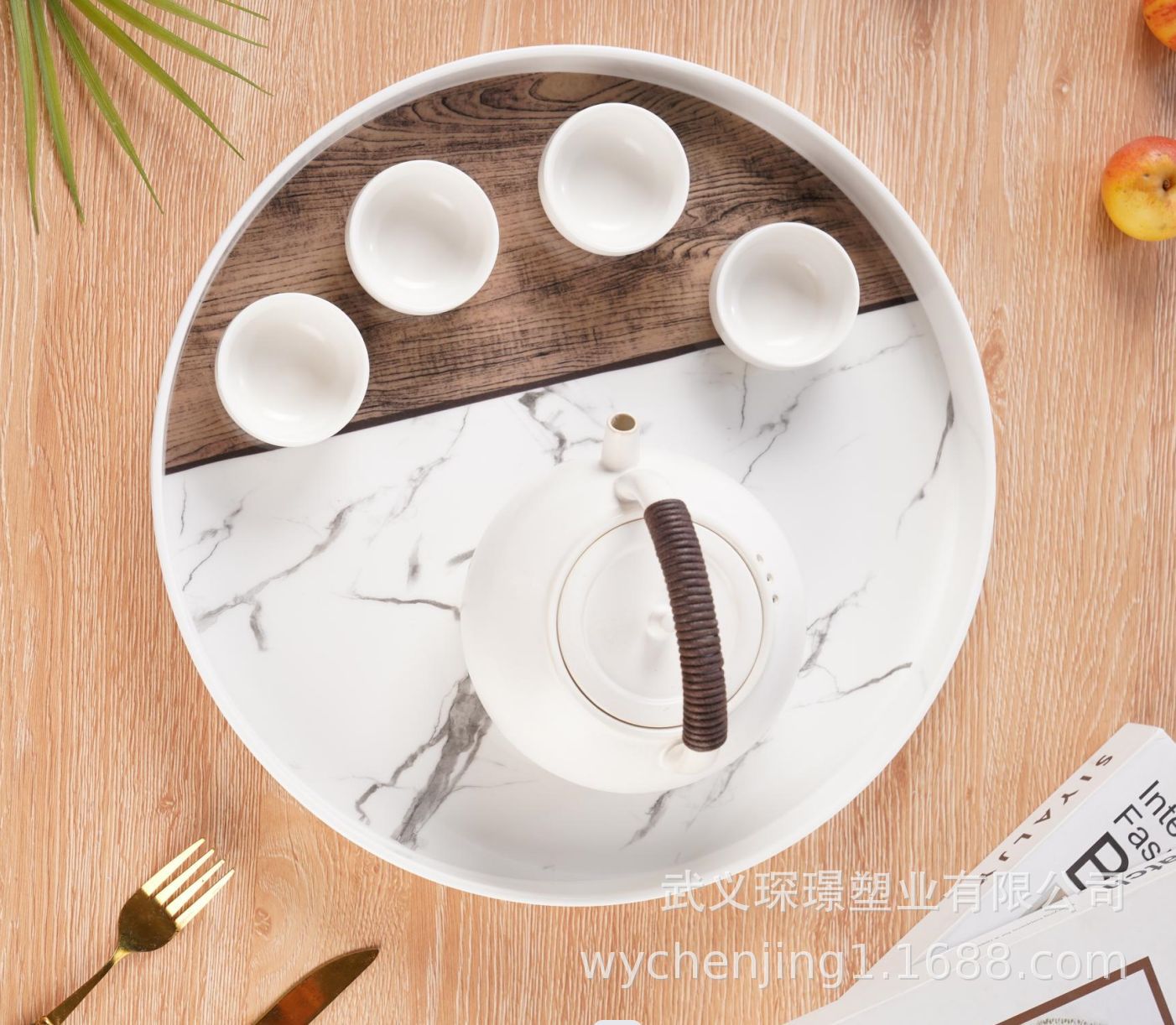 密胺托盘木纹大理石圆形直边茶具托盘家居客厅客房茶具托盘餐具盘详情4