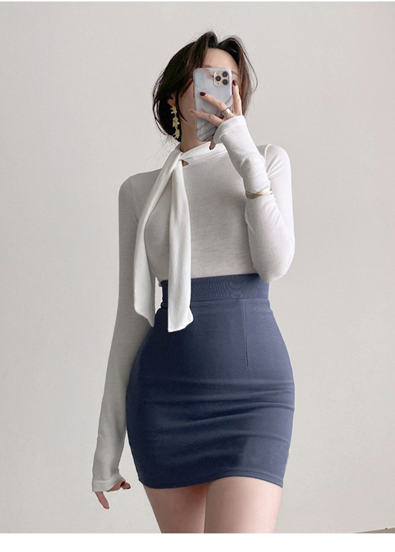 女人味飘带紧身高领长袖T恤女 韩国东大门新款温柔奶油粉女式上衣详情11