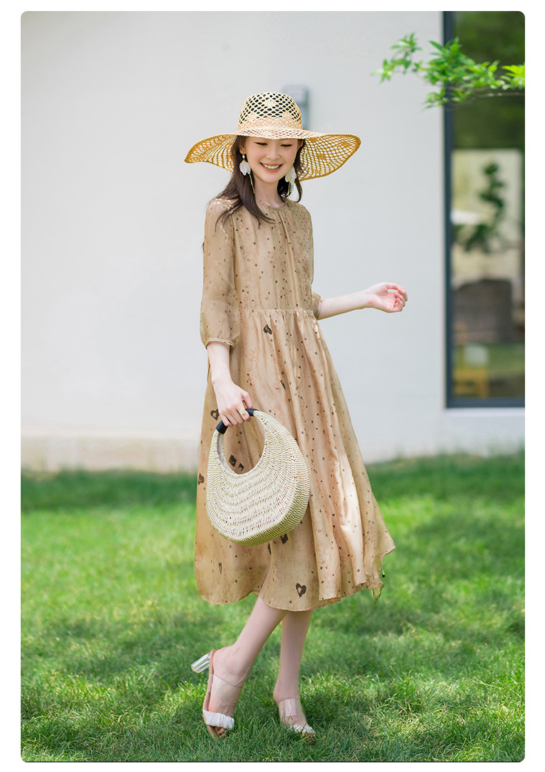 荣太设计师定染黑桃印花真丝连衣裙女拼接欧根纱桑蚕丝裙子系带详情29