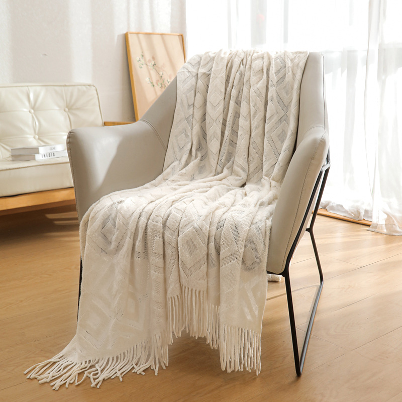 Ins-style soft solid-color acrylic warp knitted jacquard checkered blanket sample room homestay decoration camping blanket pic 11