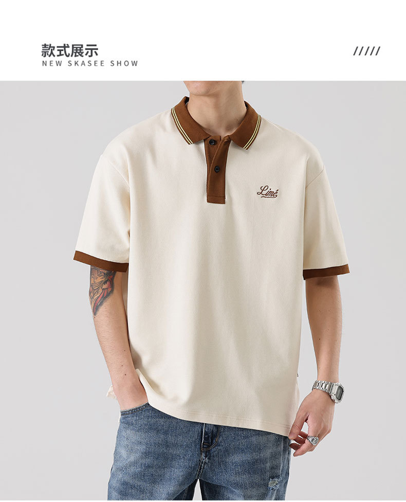 男装|夏季米色拼色翻领短袖男士珠地棉美式保罗半袖体恤打底详情1