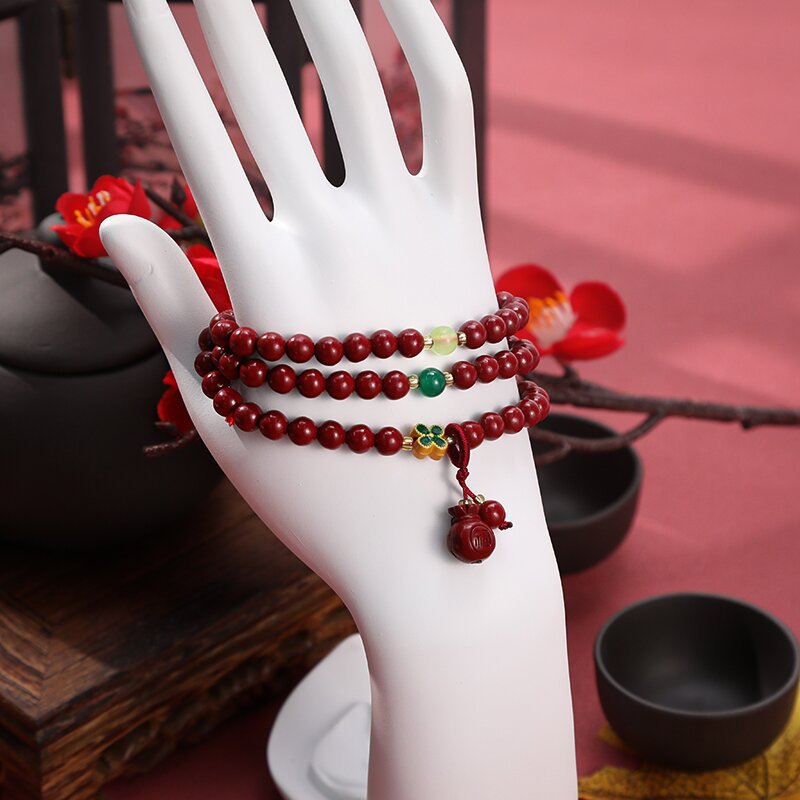 批发朱砂多圈手链新中式四叶草福气钱袋电镀手串设计感108手饰女详情2
