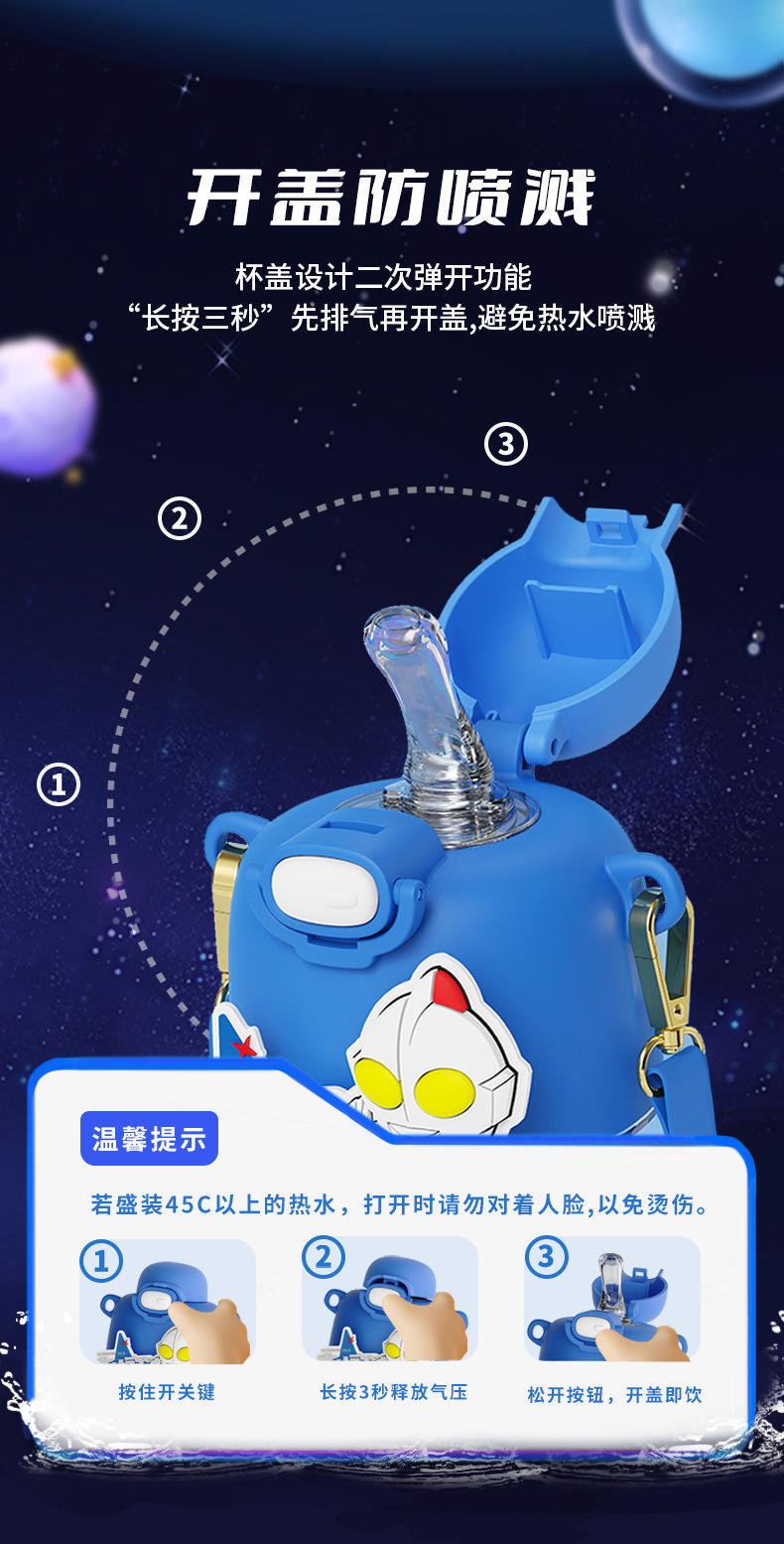 新款316儿童卡通奥特曼水壶斜挎背带吸管杯男女学生高颜值水杯子详情7