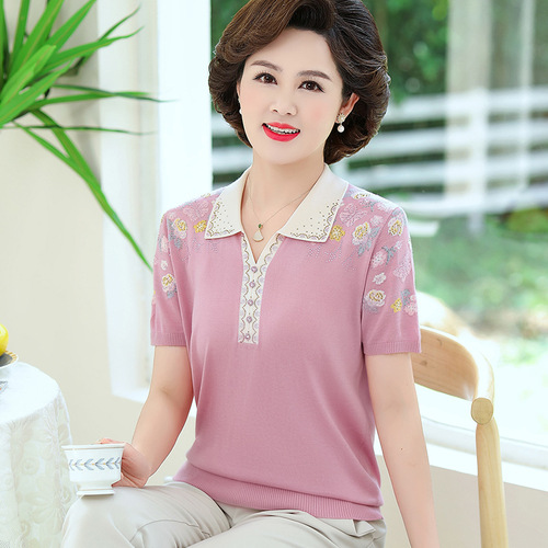 中老年人真丝短袖上衣女高贵宽松大码妈妈夏装香云纱圆领绣花t恤详情12