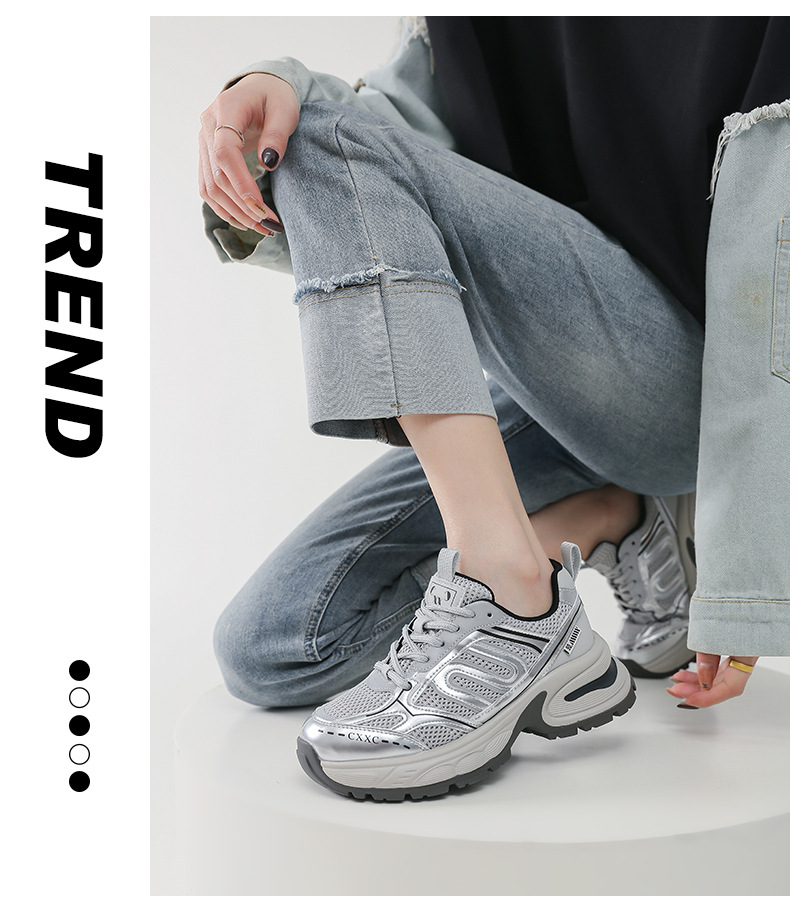 银色老爹鞋女百搭防滑2024夏季运动鞋子女红色透气轻便增高跑步鞋详情23