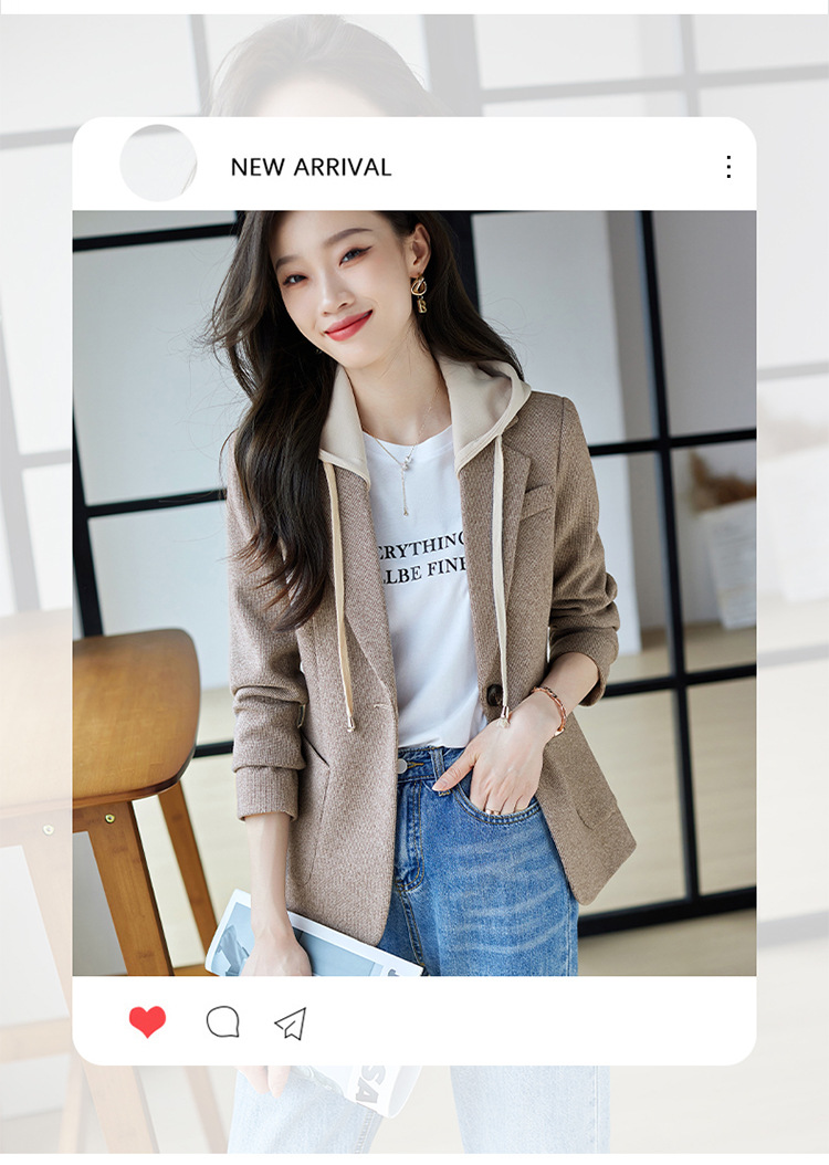 休闲假两件连帽西装外套女式春秋新款韩版高级格纹设计感西服上衣详情3