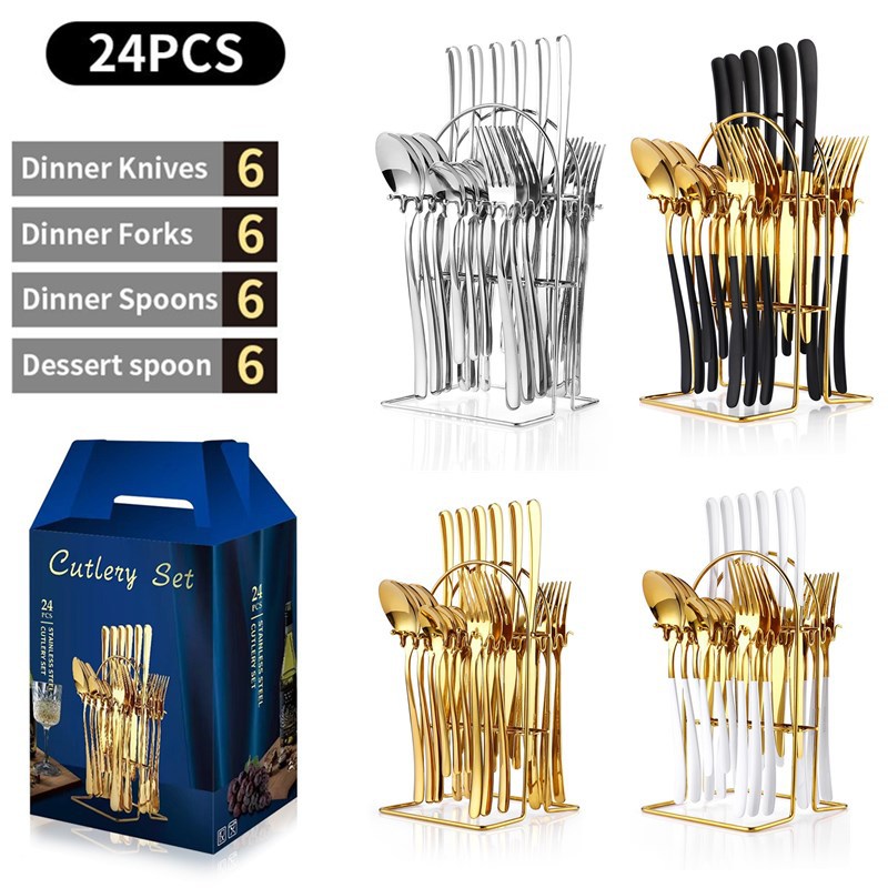 亚马逊不锈钢刀叉勺金色4人份便携式户外野营烧烤盘餐具20件套装详情8