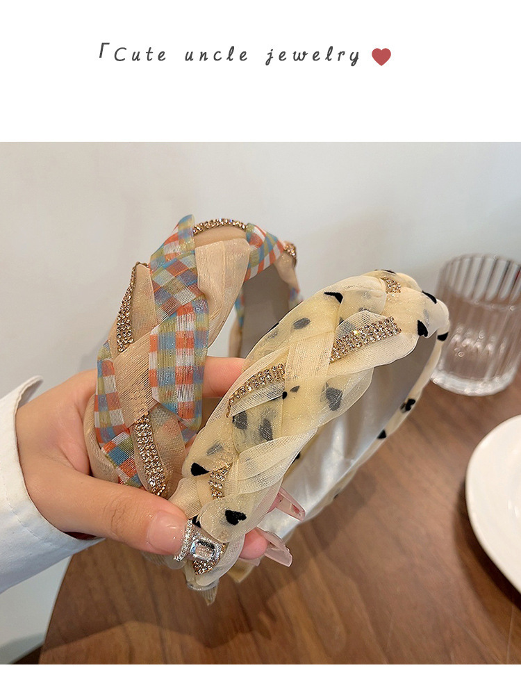High-end mesh diamond-encrusted hairband, color-blocked twisted headband, wide-edge checkered outside-pressing hairpin, 2023 Internet celebrity new style pic 16