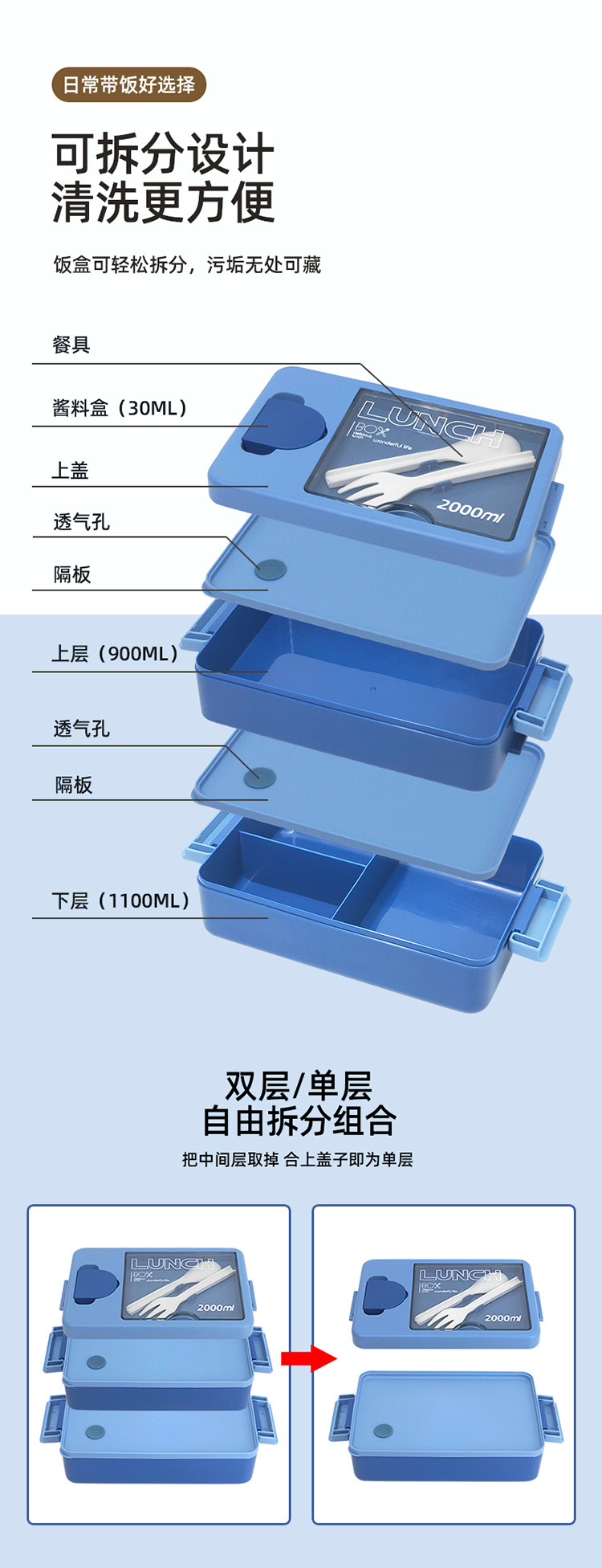 日式双层塑料饭盒上班族便当盒高颜值可微波炉饭盒学生便携午餐盒详情7