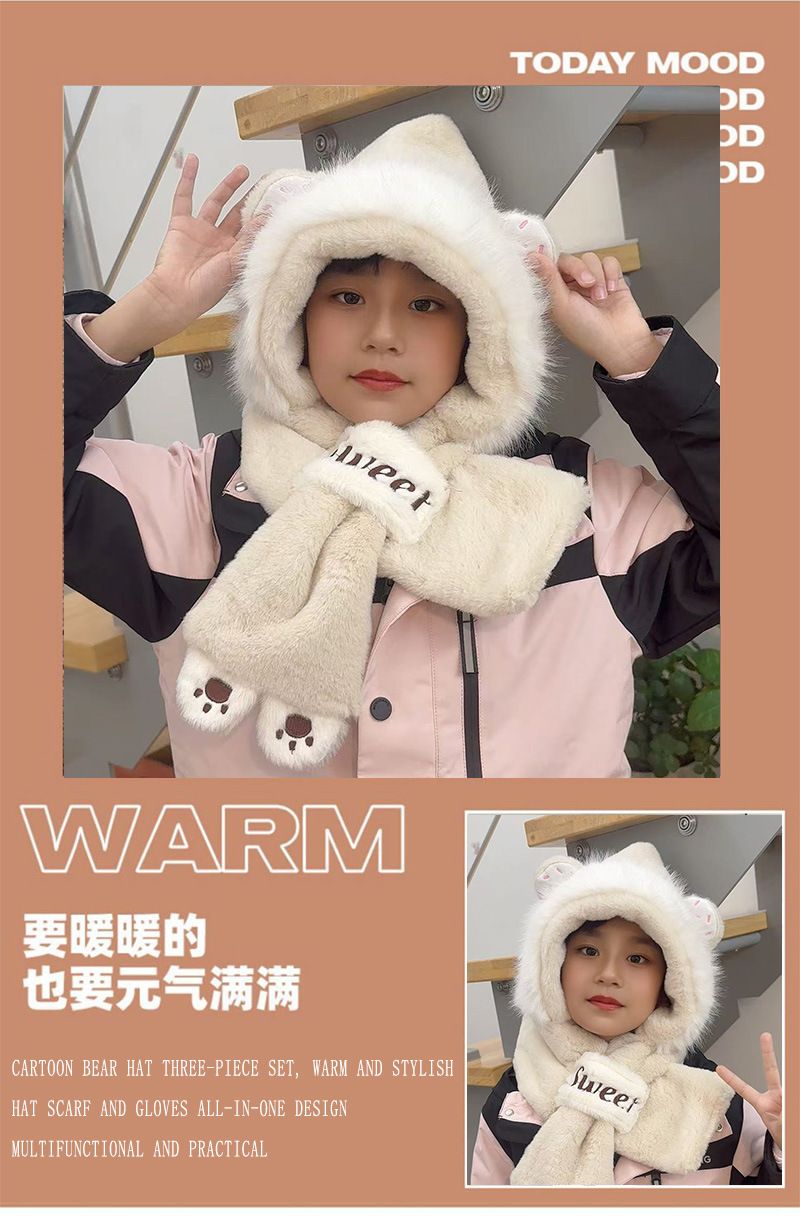 The 2024 winter hat for boys, girls and children features a cute teddy bear plush hat and scarf in one piece, providing warmth and warmth with thickened design pic 2