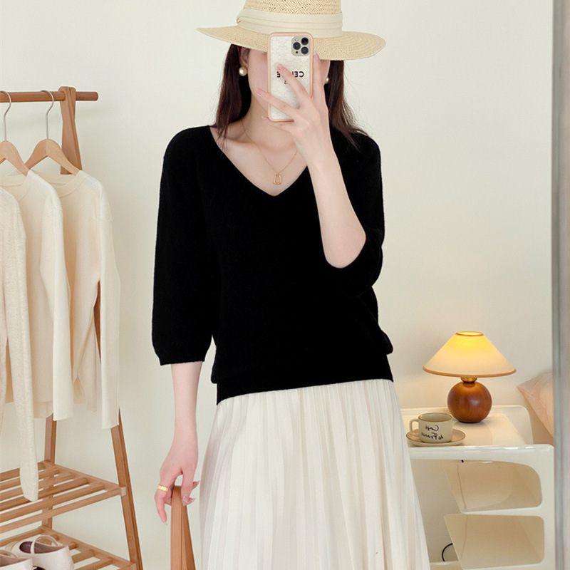 V-neck full wool knitted sweater for slimming and elegant look, seven-inch sleeve pullover wool sweater, sweater top #23127 pic 19