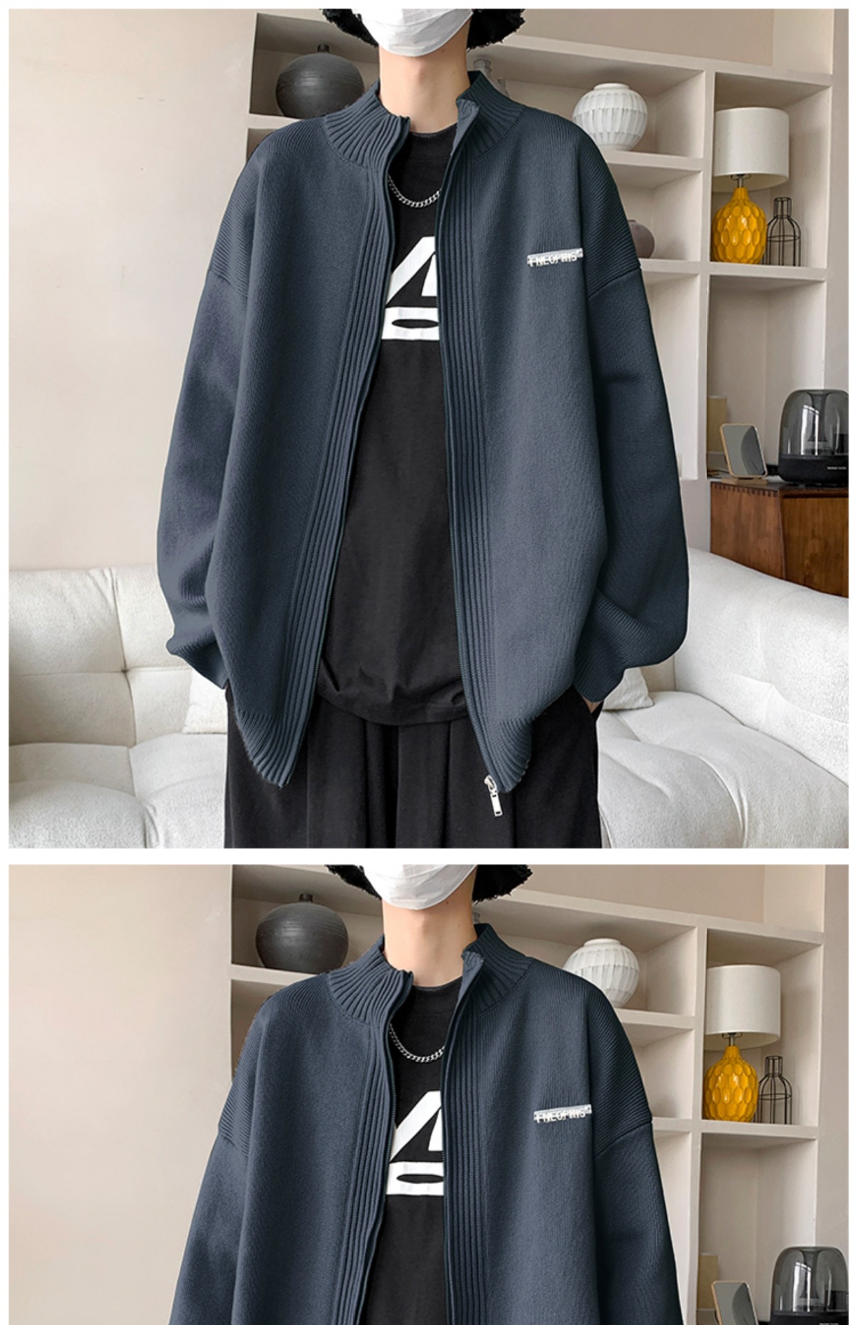 Laid-back style zipper sweater for men, autumn and winter American stand-up collar cardigan, loose trendy couple knitted sweater, casual coat pic 12