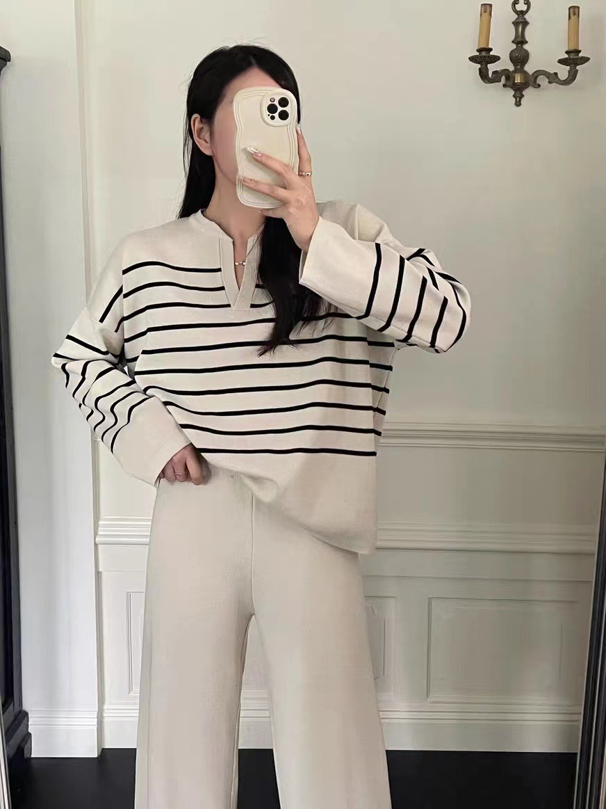 A two-piece Korean-style loose striped knitted top and casual high-waisted, sagging knitted wide-leg pants pic 15