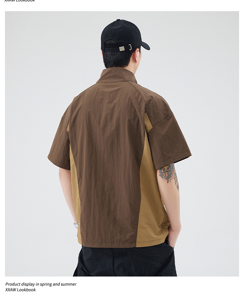 美式工装短袖t恤男士夏季大码潮牌立领拉链体恤半袖男详情12