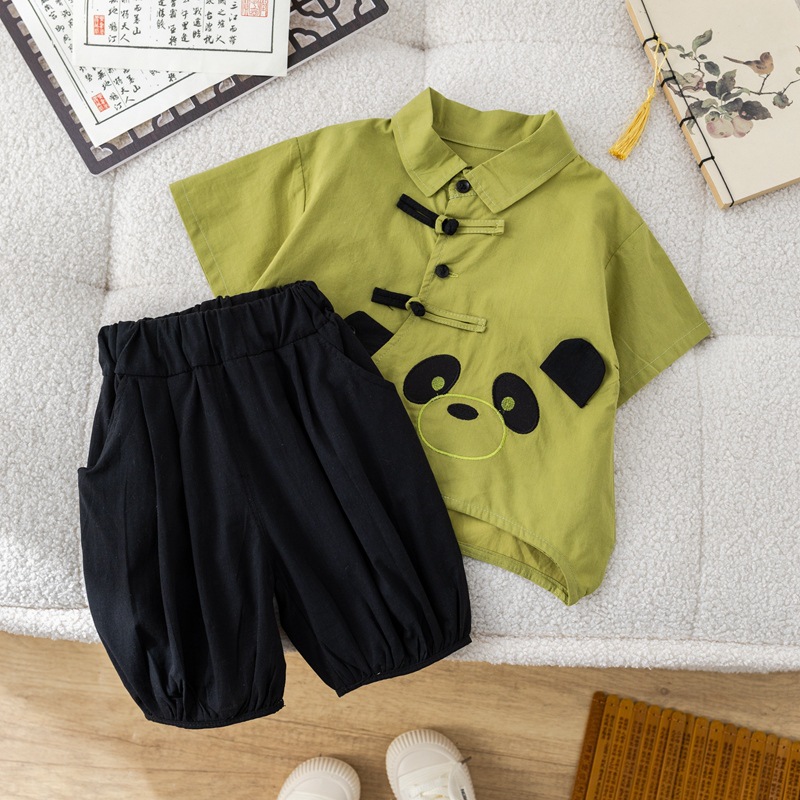 儿童熊猫衬衫短袖短裤两件国风休闲男童潮帅汉服套装班服批发工厂详情3