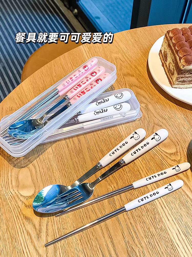 创意卡通不锈钢便携餐具学生可爱餐具旅行餐盒勺子叉子筷子三件套详情3