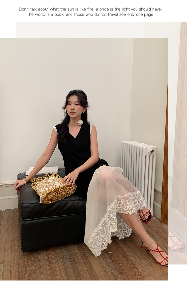 爱西里2024夏季法式温柔蕾丝拼接小黑裙欧根纱撞色连衣裙女11210详情12