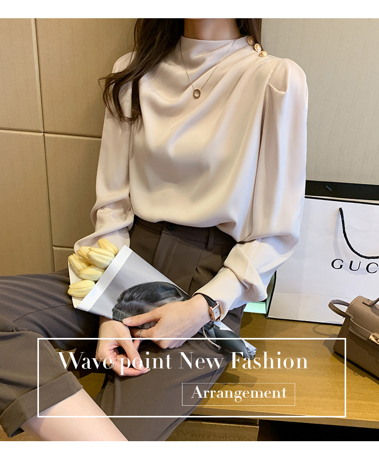 外贸供货2023轻熟气质立领褶皱灯笼袖时尚长袖上衣宽松女士衬衫详情31