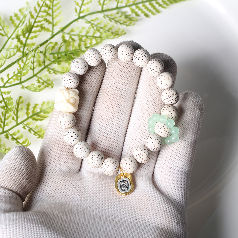 Retro star and moon Bodhi single-loop bracelet, national trend white jade Tara, lion dance running ring bracelet, Buddhist prayer beads, cultural and artistic jewelry pic 1