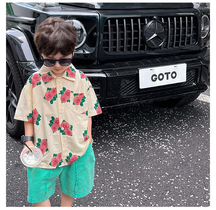 儿童衬衫2023童酷夏装韩版洋气宝宝上衣帅气玫瑰花满印男童衬衣潮详情14