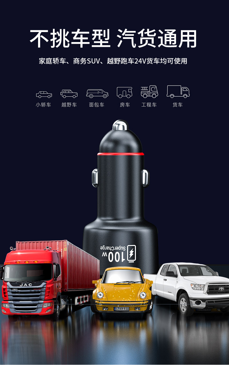 新款车载充电器一拖二100w超级快充汽车车用点烟器PD快充转换插头详情28