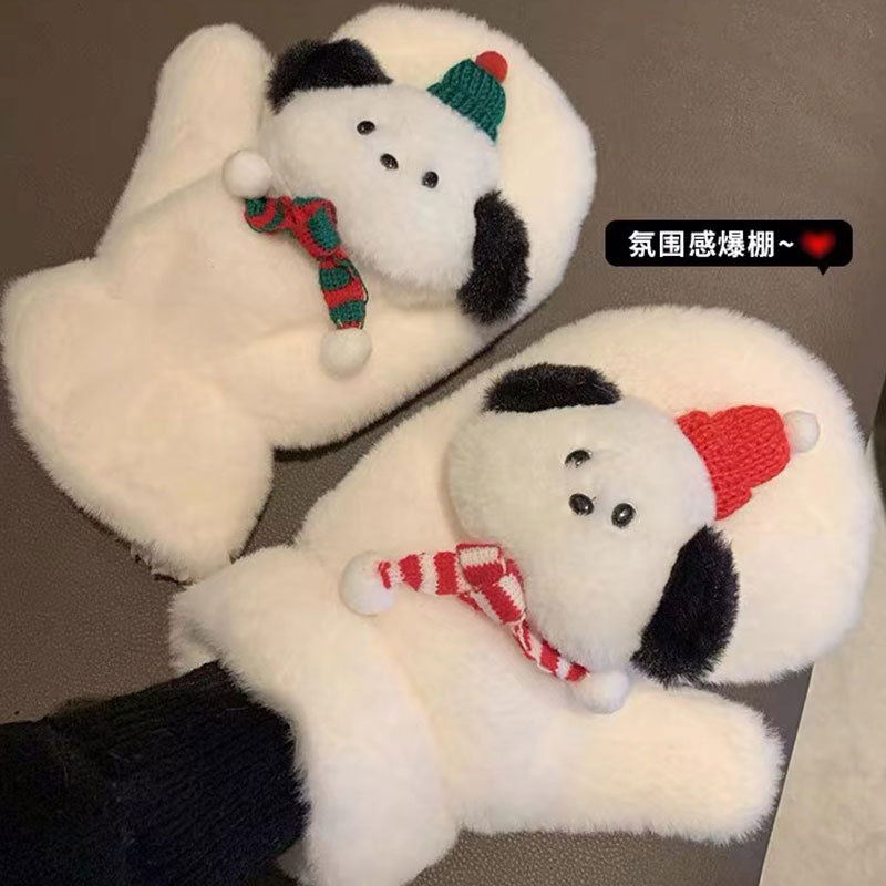 圣诞狗毛绒手套ins原宿风小众女高颜值保暖防寒加厚挂脖手套详情4