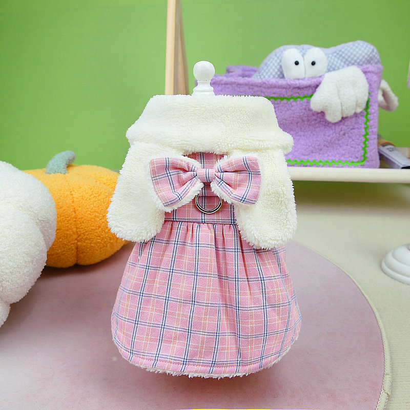 New sweet and ladylike checkered cotton dress for pet clothing in autumn and winter, cat dress that can be hung and pulled, 23 White Rabbit cotton dress pic 4