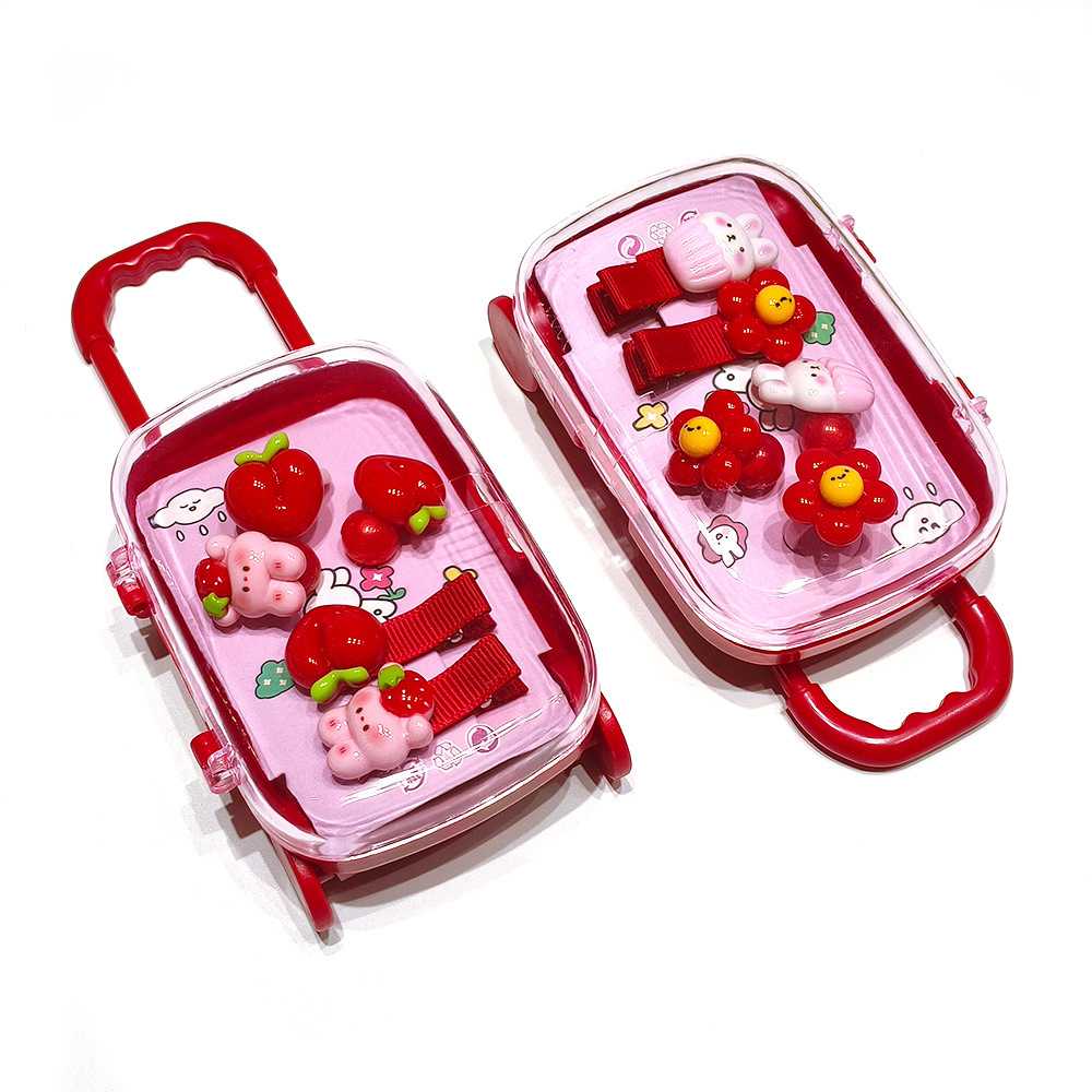 创意儿童发饰礼盒卡通花朵兔子行李箱盒装新年喜庆大红发夹礼盒详情3