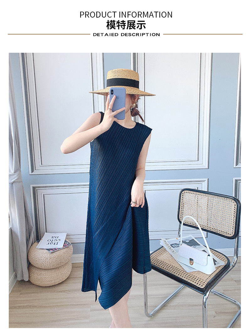 A mid-length sleeveless pleated dress for women, a new summer style by Miyake. This irregularly pieced A-line base dress is stylish pic 45