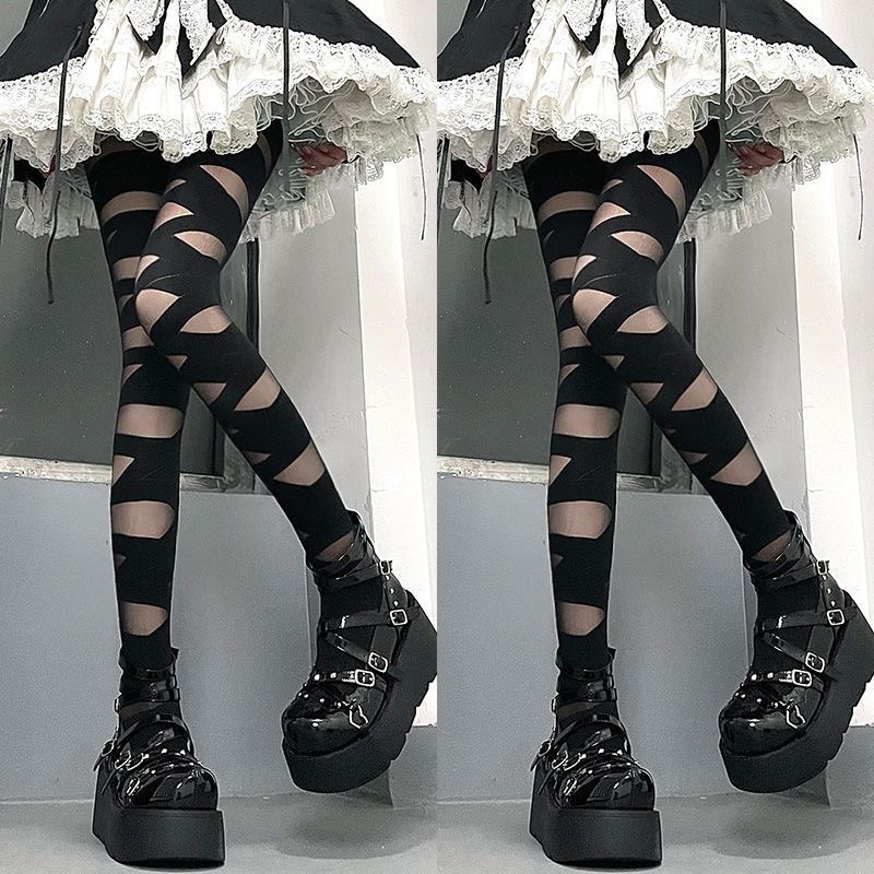 lolita交叉绑带白丝袜女夏季薄款纯欲黑丝性感朋克辣妹条纹连裤袜详情15