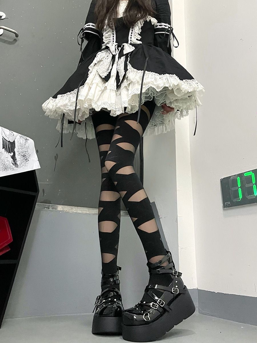 lolita交叉绑带白丝袜女夏季薄款纯欲黑丝性感朋克辣妹条纹连裤袜详情10