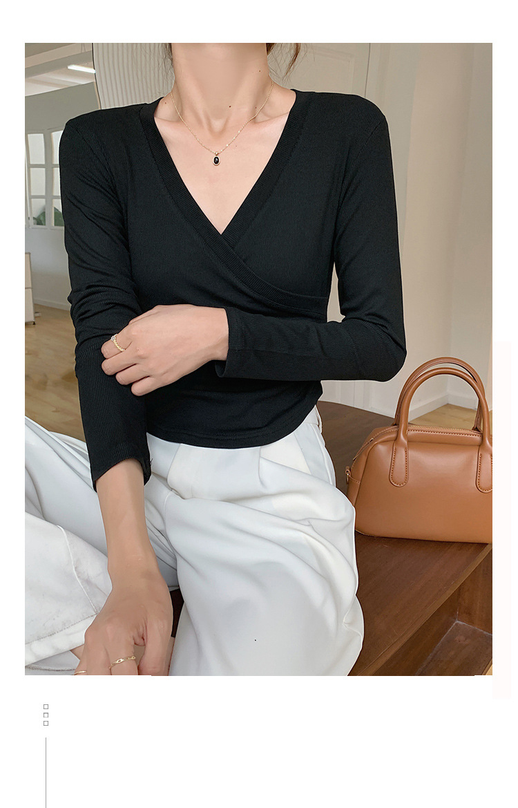 A new French cross-V-neck top for women, featuring a versatile Korean long-sleeved T-shirt with a unique design sense pic 7