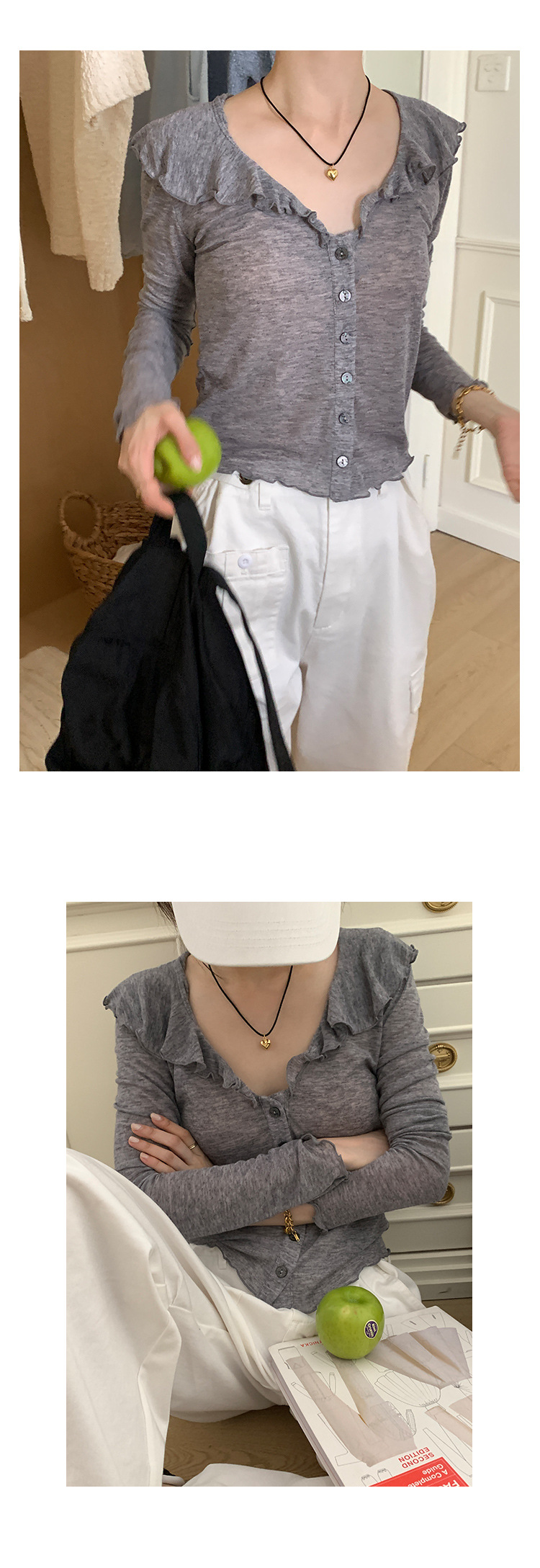 【法式别致的】木耳边V领T恤女2023秋季新款休闲百搭长袖开衫上衣详情20