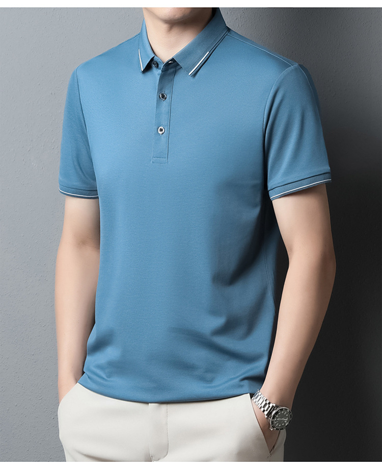 纯色桑蚕丝男士短袖t恤外贸夏季2023新款潮流高级感男装翻领上衣详情26