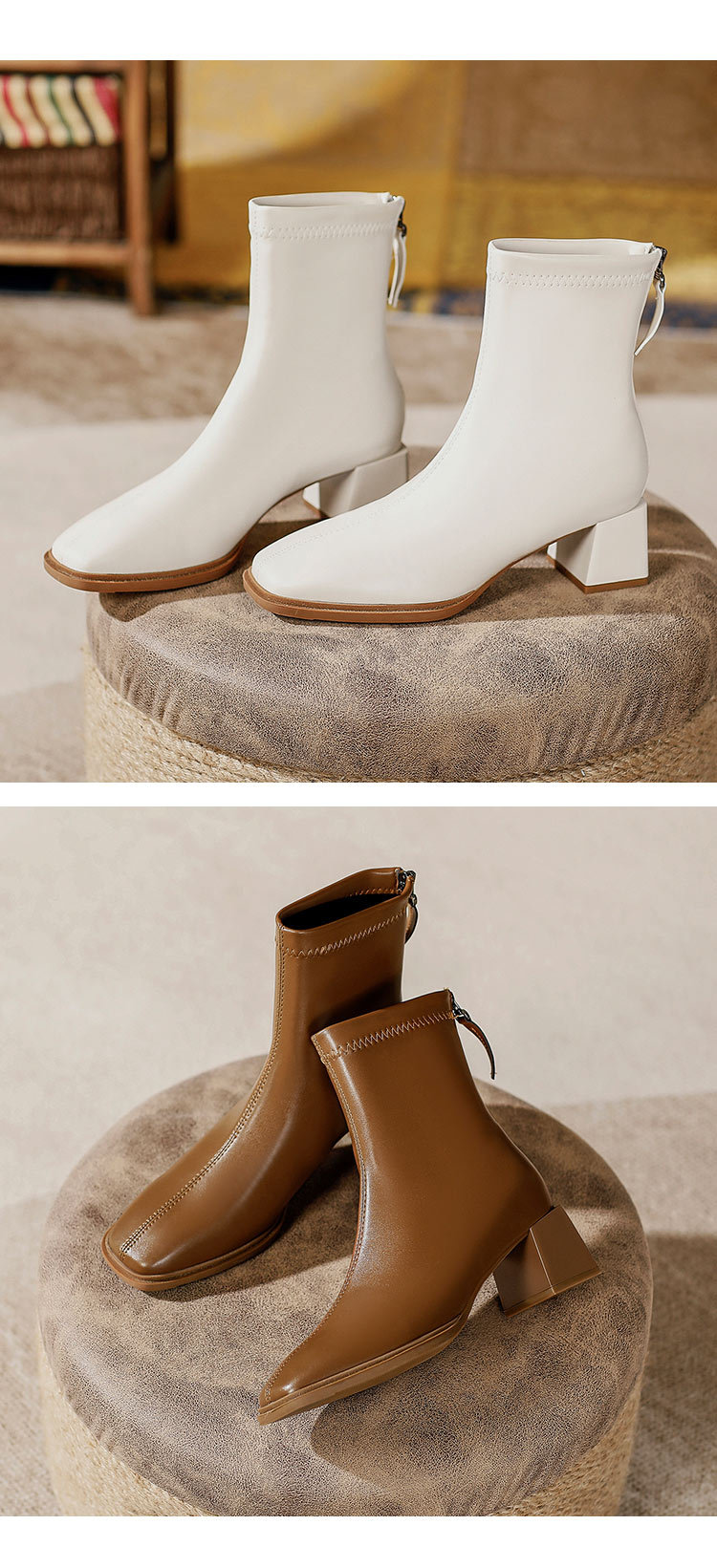 法式高跟短靴2023年新款粗跟时装靴子软皮白色春秋单靴方头瘦瘦靴详情26
