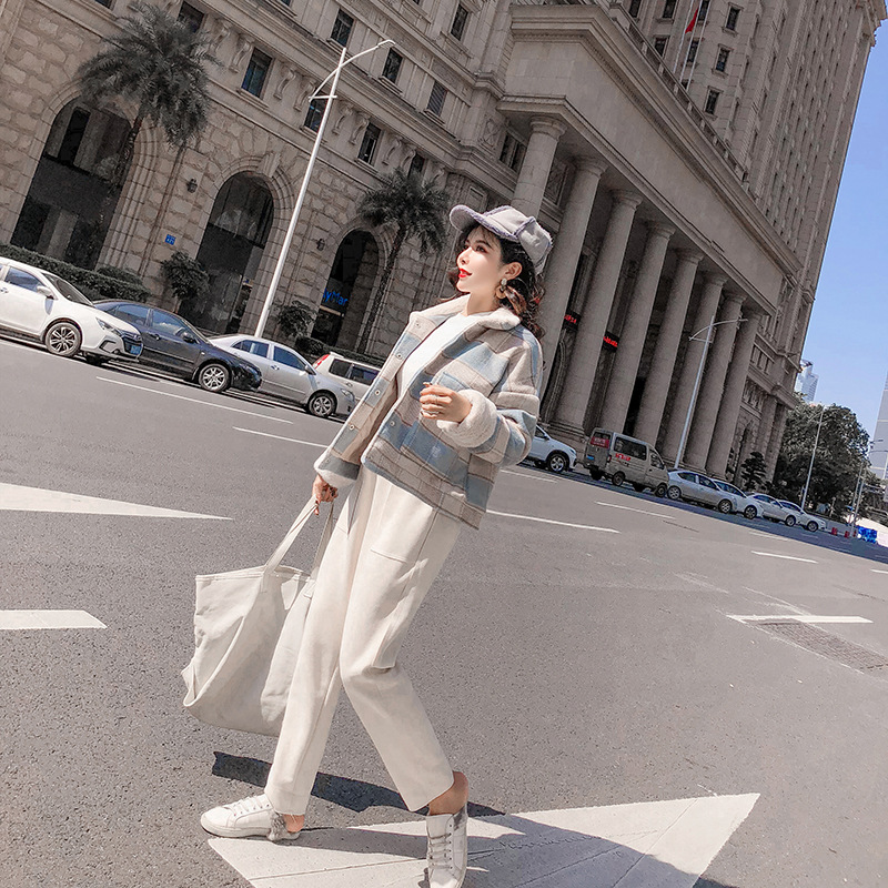 New loose checkered thickened windbreaker, short and versatile woolen coat for petite people pic 12