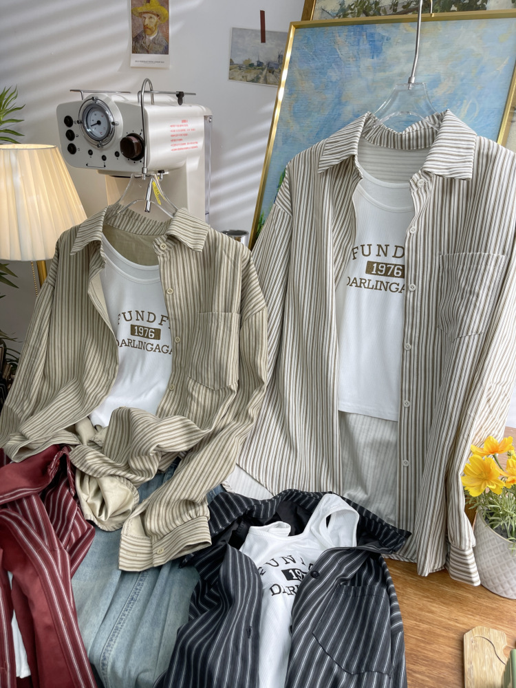 Dongdaemun, South Korea, early autumn new Korean-style vertical striped long-sleeved shirt for women, loose and casual, stylish shirt trend 4730 pic 3
