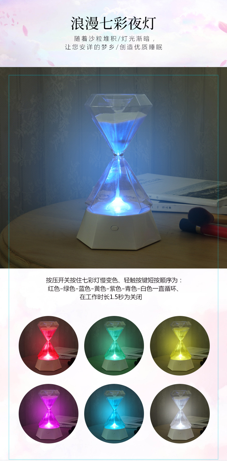 Creative hourglass sleep lamp, USB charging, high borosilicate glass bedside night light, gift decoration, ambient light pic 9