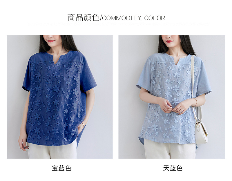 2022夏季新款速卖通欧美女装蕾丝刺绣短袖衬衫宽松女士上衣T恤详情7