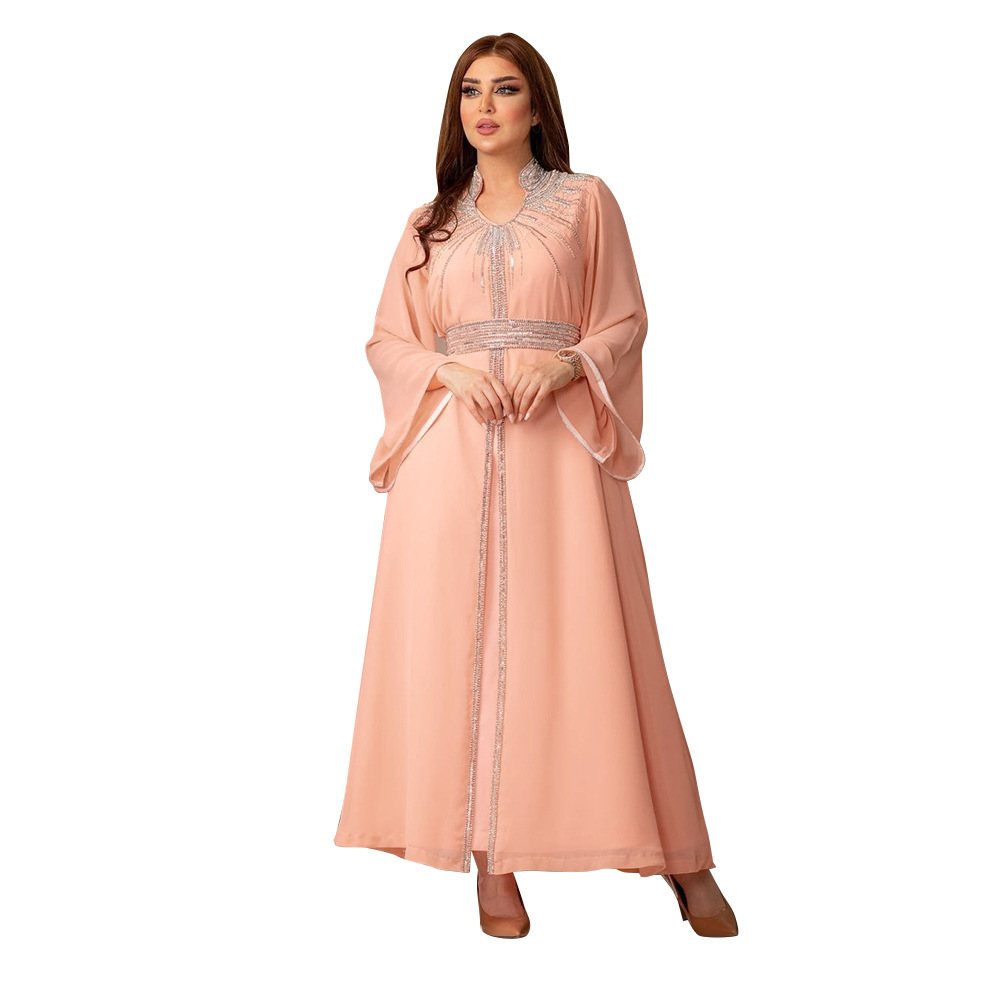 XQY500090 Foreign trade Arab robe, Middle East kaftan fashion Hot diamond belted chiffon dress pic 19