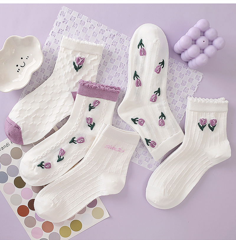 郁金香袜子女秋冬季中筒袜百搭甜美ins潮学院风女袜可爱长袜批发详情5